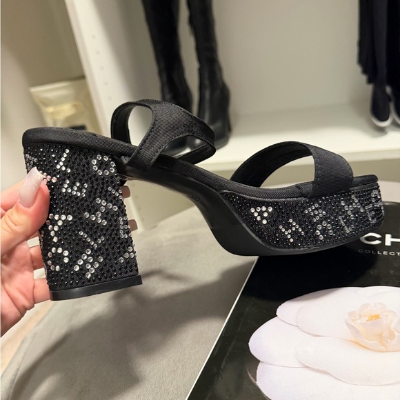 CHANEL Black Rhinestone Logo Heeled Sandals - Picture 6 of 12